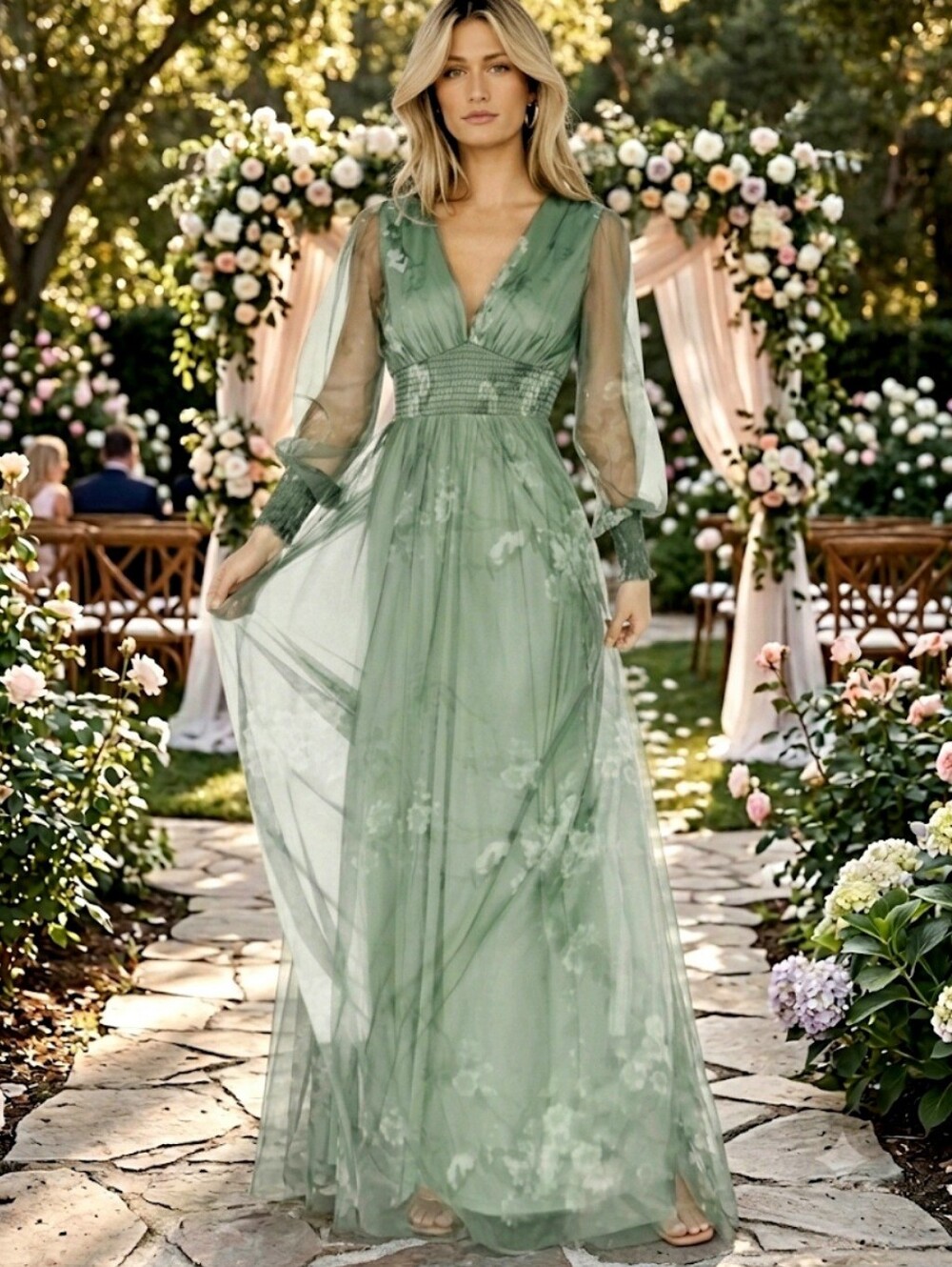 Baltic Born Layla Tulle Maxi Dress Dusty Green Floral Size Large NWT - Picture 4 of 16